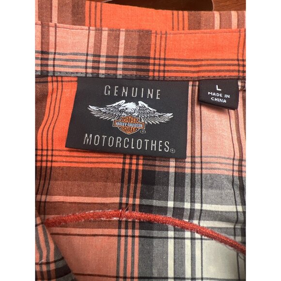 Harley-Davidson Womens Plaid Button-Up Shirt Orange/Black Short Sleeve L - Picture 6 of 6